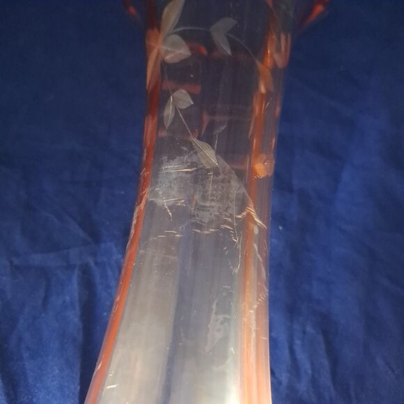 Vintage Pink Depression Glass Vase Etched Floral Design Fluted Rim - Picture 6 of 16